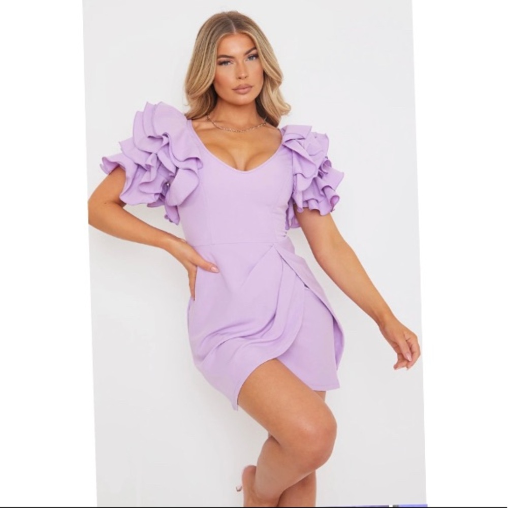 Lilac Frill Sleeve V Neck Bodycon Dress